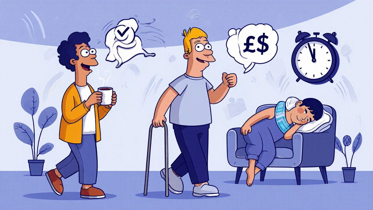 A group of MS patients smiling in a community center, with health icons floating around them.