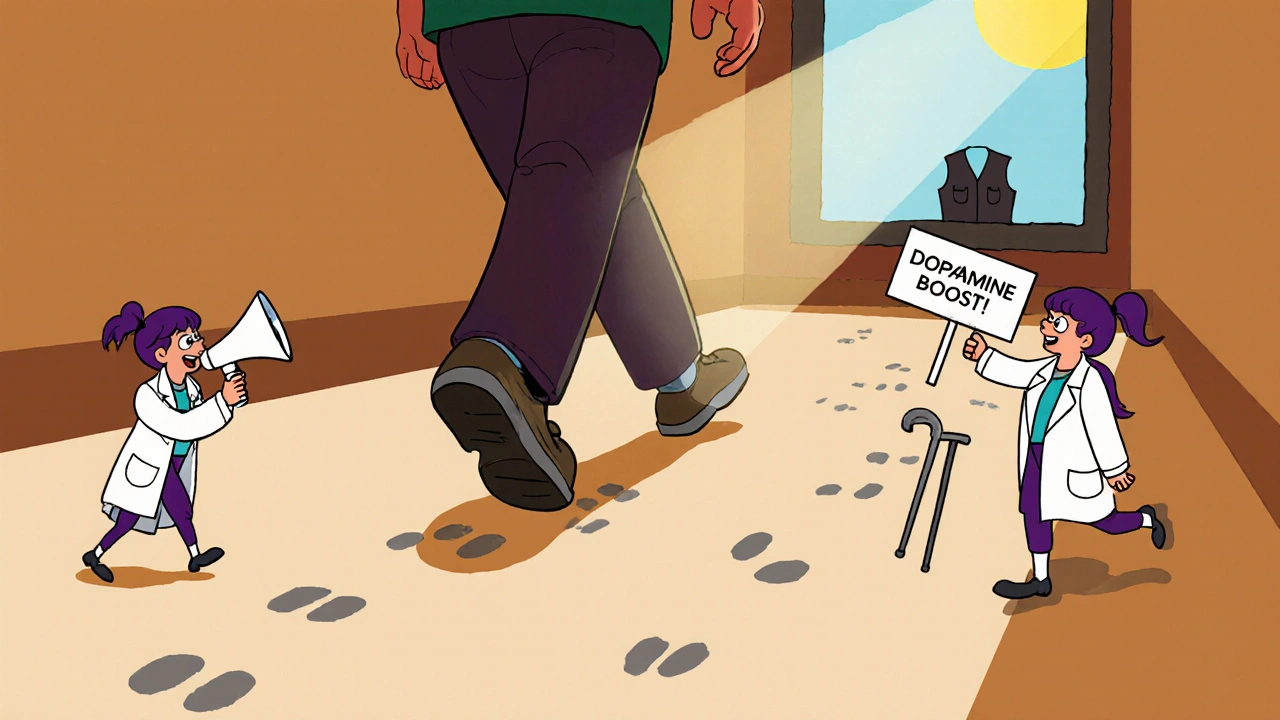 A person walking slowly with heavy legs, cheered on by cartoon amantadine pills.