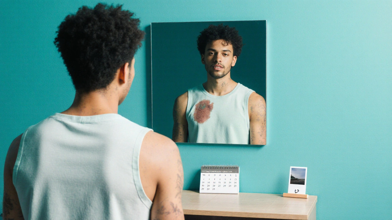 Before‑and‑after view of torso showing clearer skin, with calendar and photo log.
