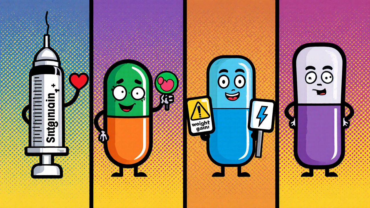 Cartoon characters representing GLP‑1, Sitagliptin, Glipizide, insulin, and Pioglitazone in split panel.