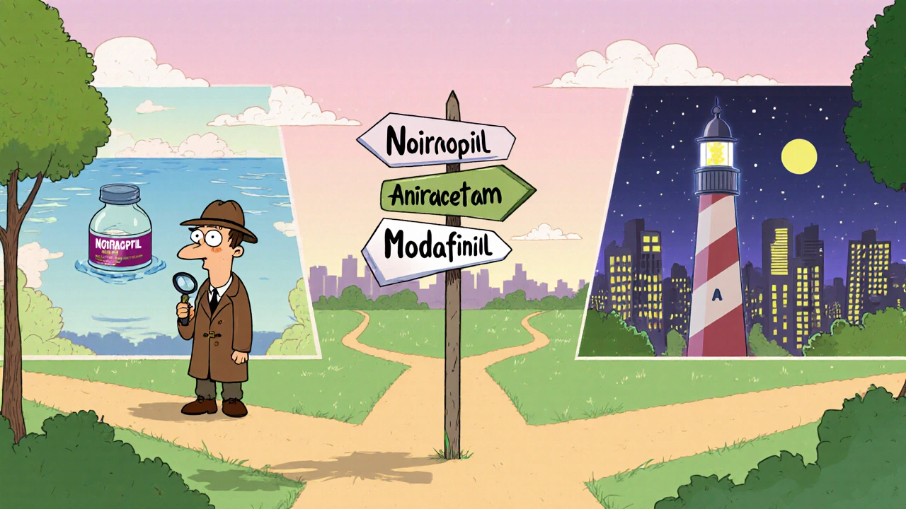 Cartoon detective at a fork in the road, choosing between three sparkling nootropic bottles.