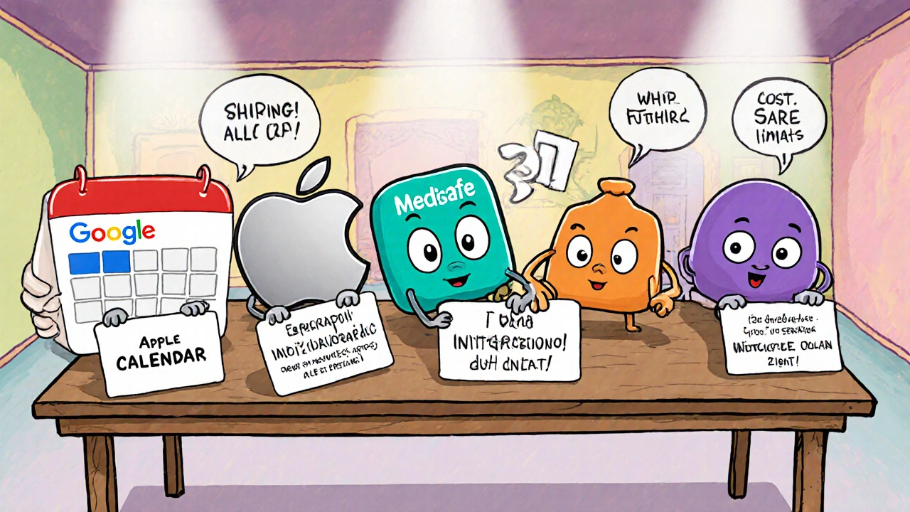 Cartoon icons of medication calendar apps comparing features on a table.