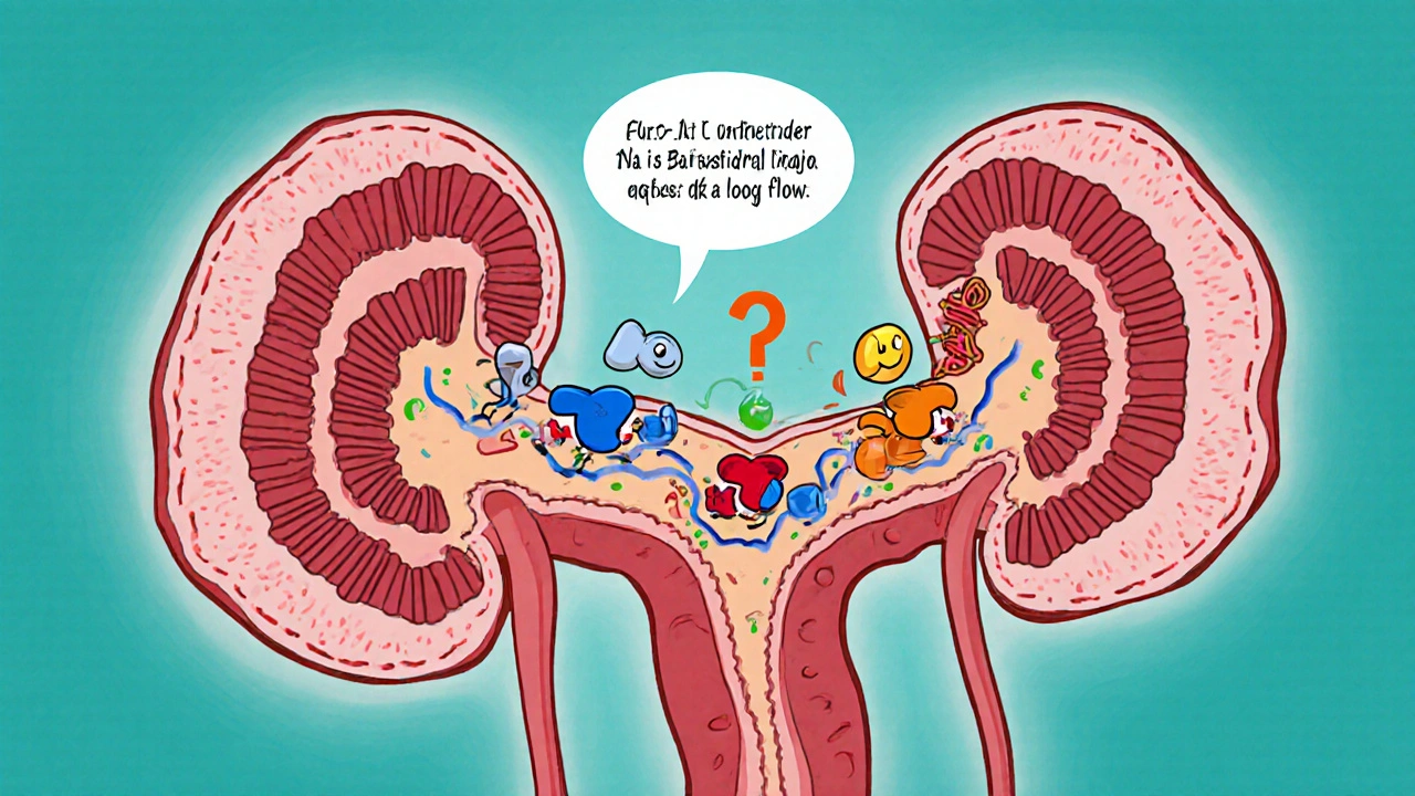 Cartoon kidney cross‑section showing Torsemide blocking the Na‑K‑2Cl transporter in the loop of Henle.