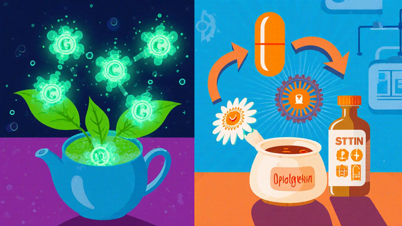 Cartoon lab shows tea molecules blocking drug transporters and enzymes.