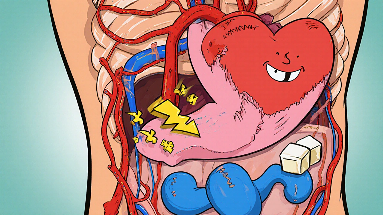 Cartoon view of heart, arteries, penis and testicles showing hormonal and blood flow links.
