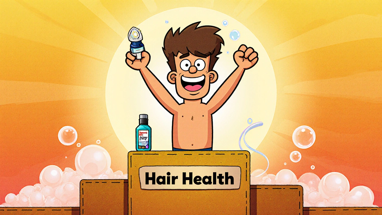 Cheerful cartoon figure with fuller hair, surrounded by Minoxytop and supportive items.
