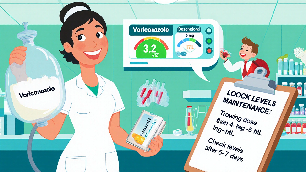 Cheerful nurse holds voriconazole IV bag and tablet while a monitor shows therapeutic drug level.