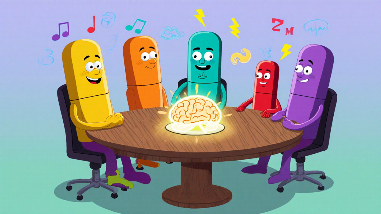 Colorful cartoon pill characters gathered around a table, each showing different nootropic effects.