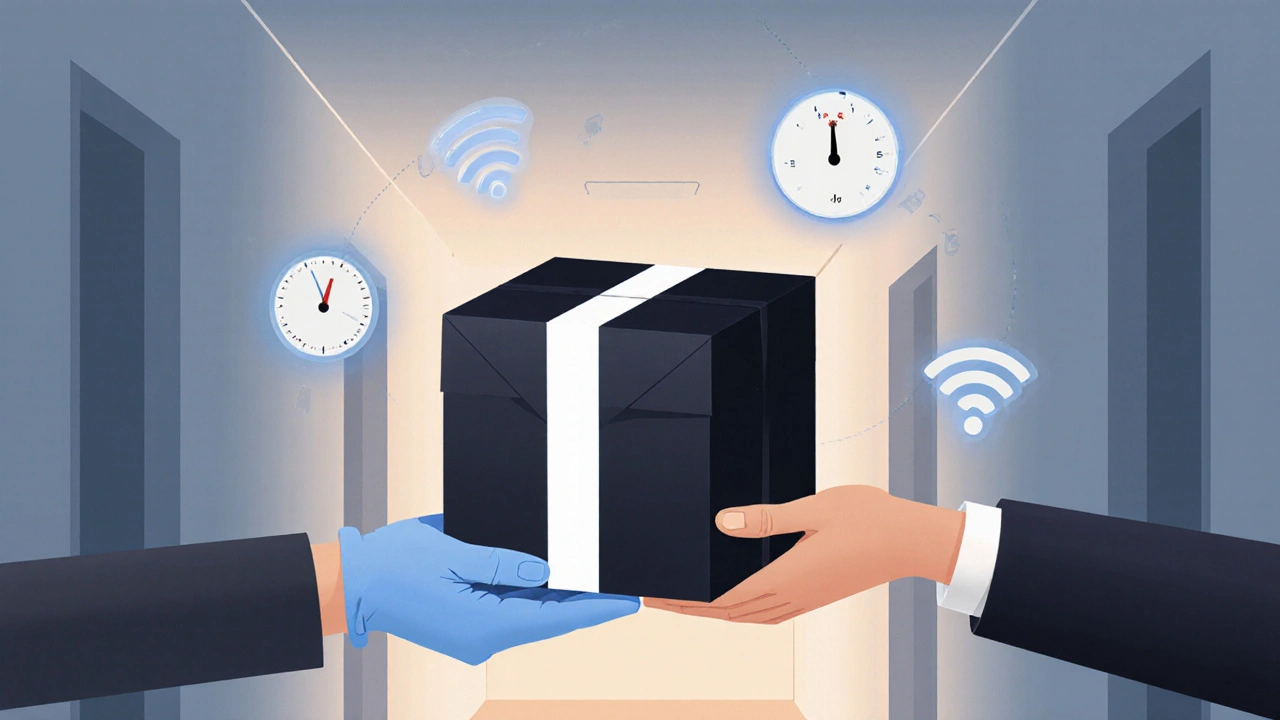 Courier hands a discreet, temperature‑controlled package with delivery icons.