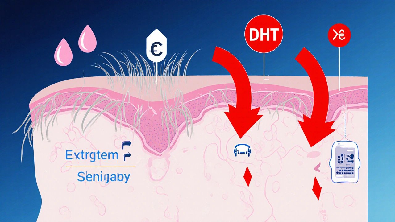 Cross‑section of scalp showing normal vs DHT‑miniaturized hair follicles with hormone symbols.