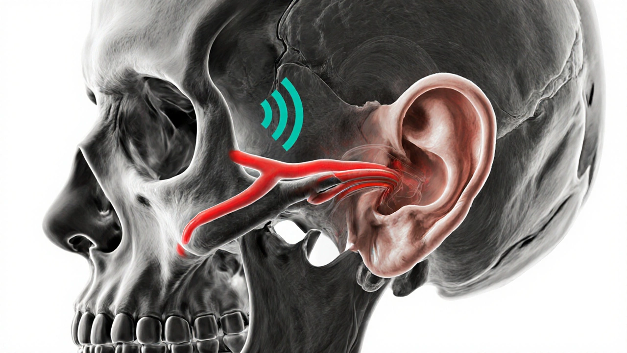 Cross‑section of skull showing middle ear, Eustachian tube, and trigeminal nerve with red accent.
