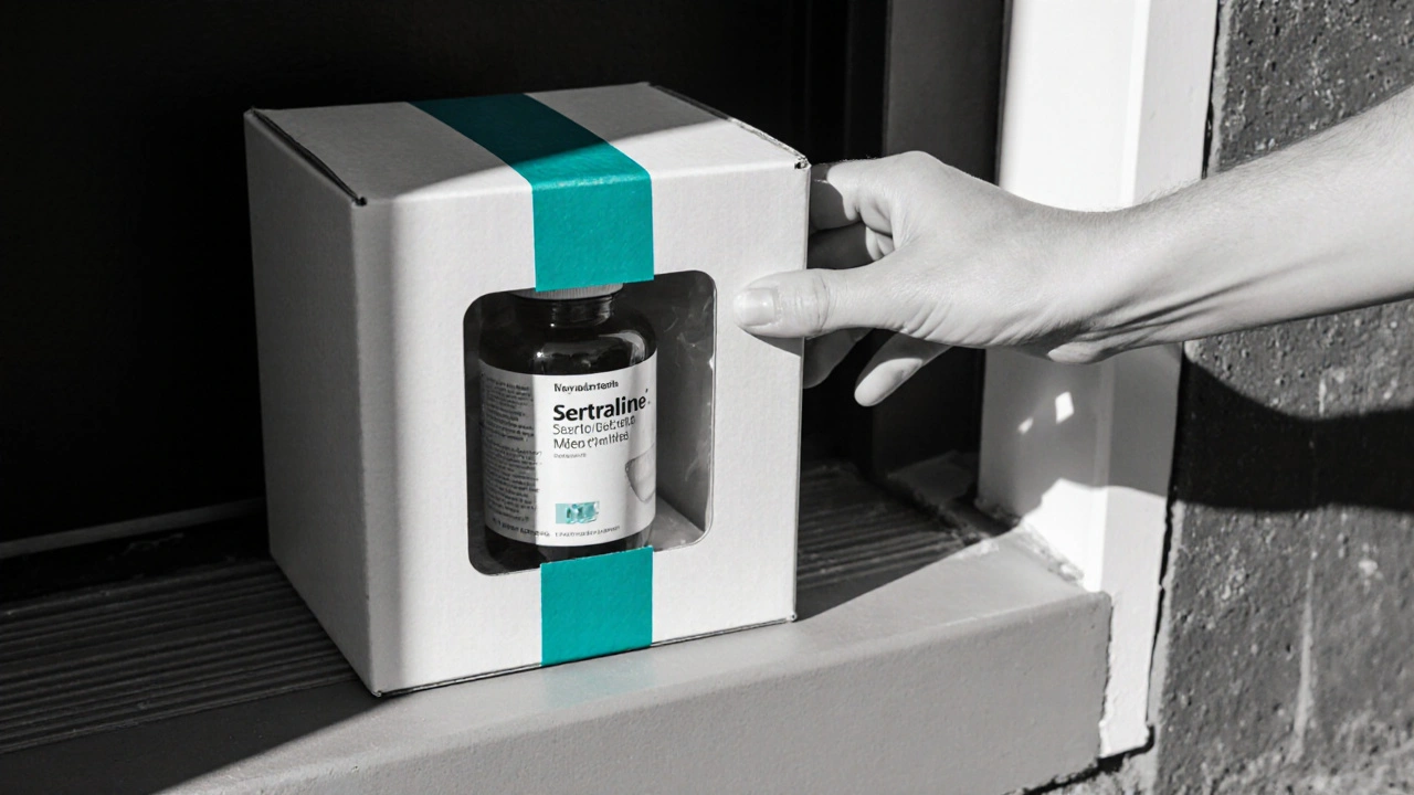 Delivery box on a porch being opened to reveal a sertraline medication bottle.