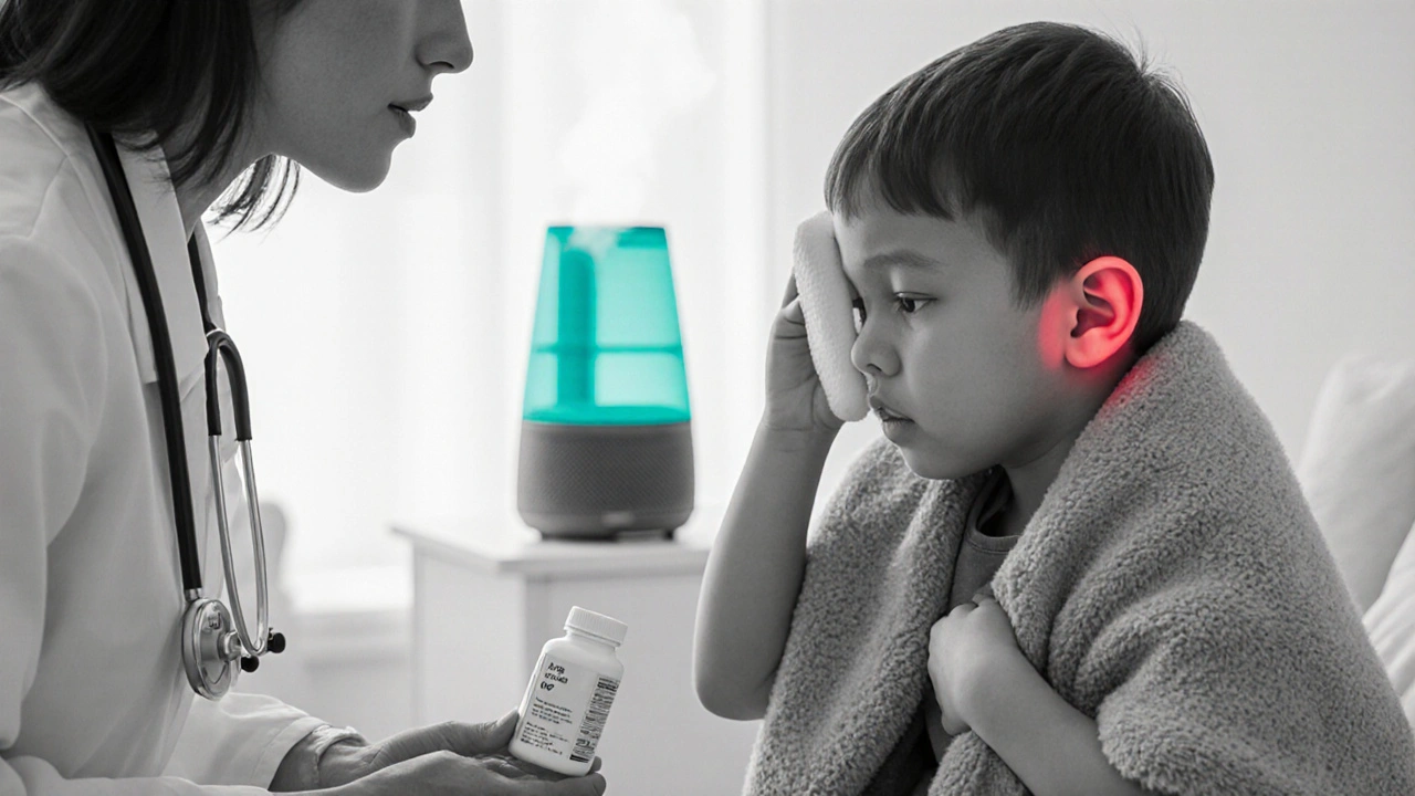 Doctor advising patient with antibiotics and warm compress, subtle red swelling behind ear.