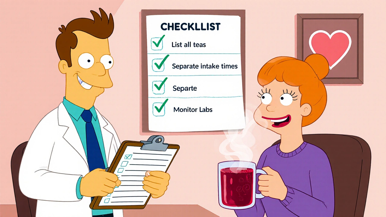Doctor and patient reviewing a checklist while holding a mug of hibiscus tea.