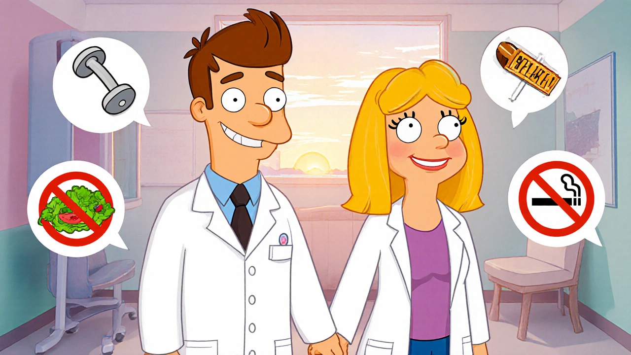 Doctor duo counseling couple with health icons and hopeful atmosphere.