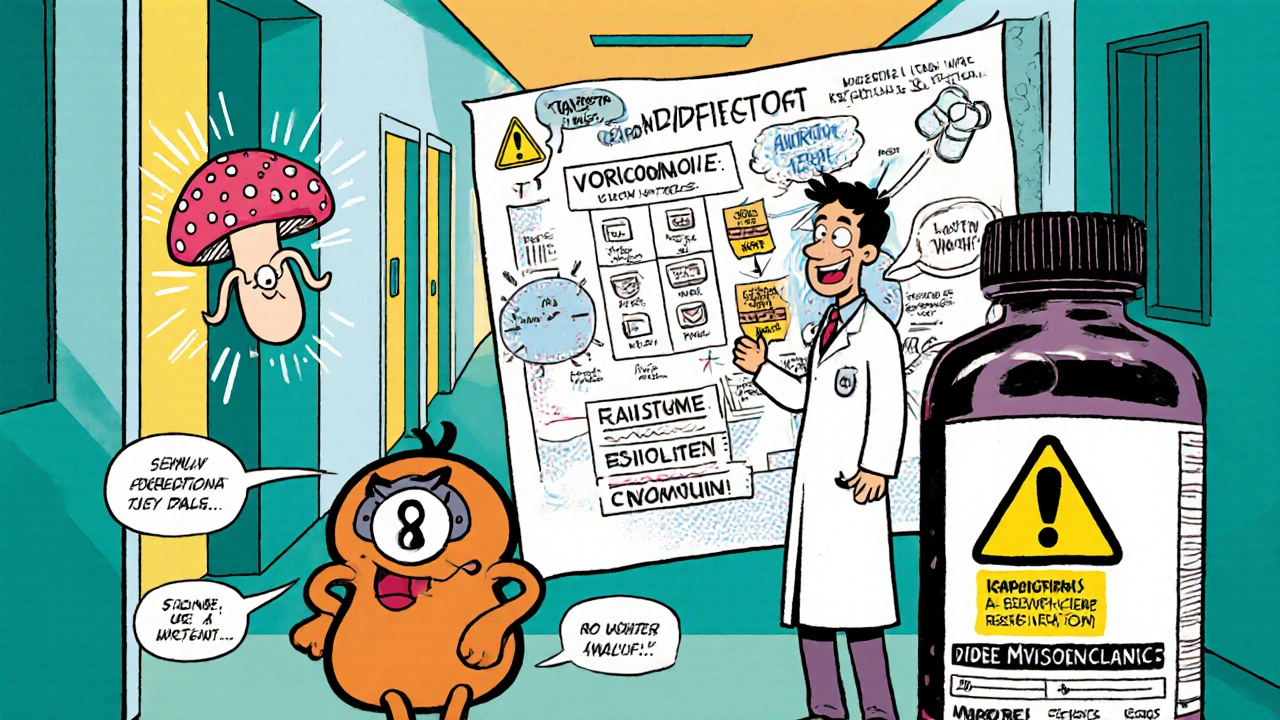 Doctor reviews chart of drug interactions and resistant fungus, with backup antifungal bottles nearby.
