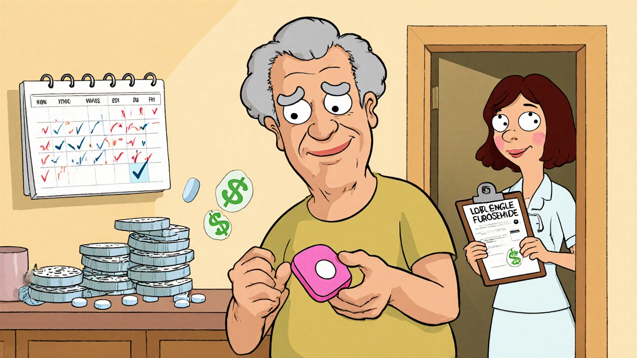 Elderly cartoon patient holding a single Torsemide pill with a calendar, contrasted with many Furosemide pills.