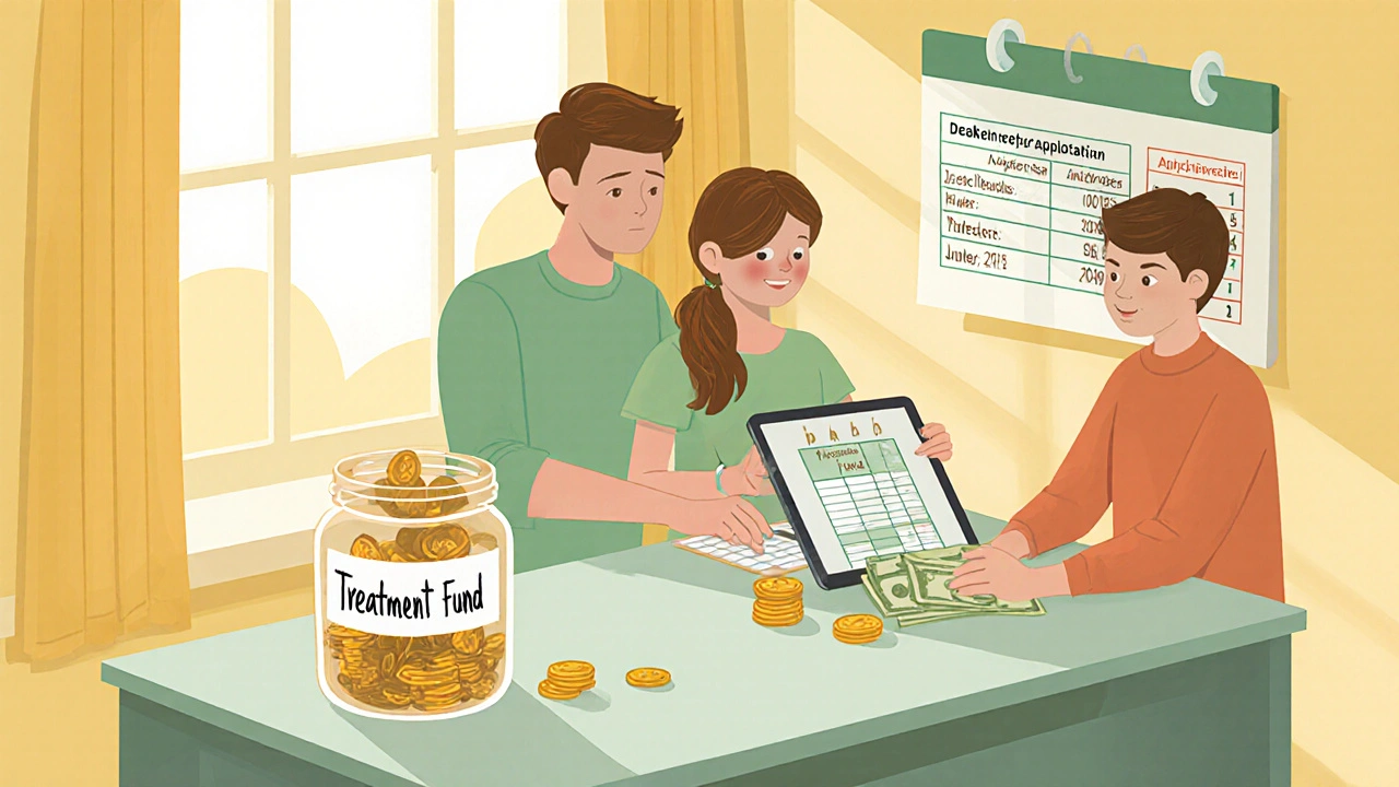 Family depositing money into a dedicated treatment‑fund jar while tracking expenses.