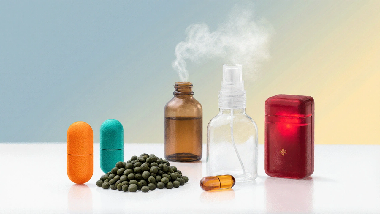 Flat lay of dutasteride, finasteride, saw‑palmetto, minoxidil spray, spironolactone, and laser device.