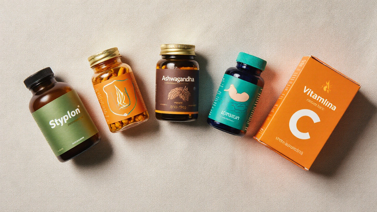 Flat‑lay of Styplon, Turmeric, Ashwagandha, Spirulina, and Vitamin C supplement bottles.
