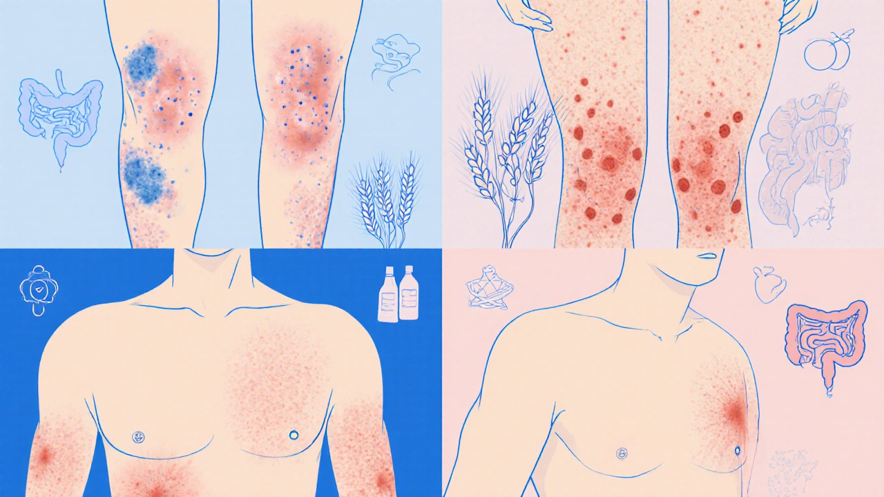 Four people illustrating dermatitis herpetiformis, erythema nodosum, hives, and eczema.