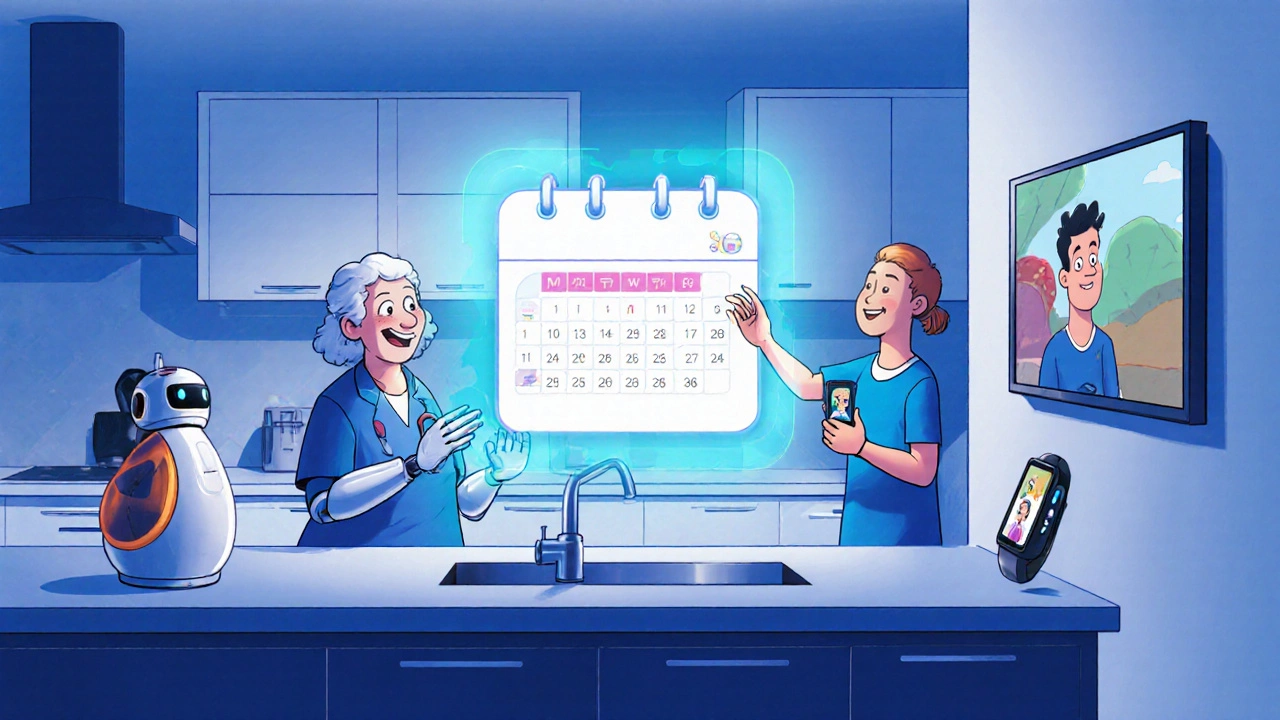 Futuristic home showing holographic medication calendar and caregiver robot.