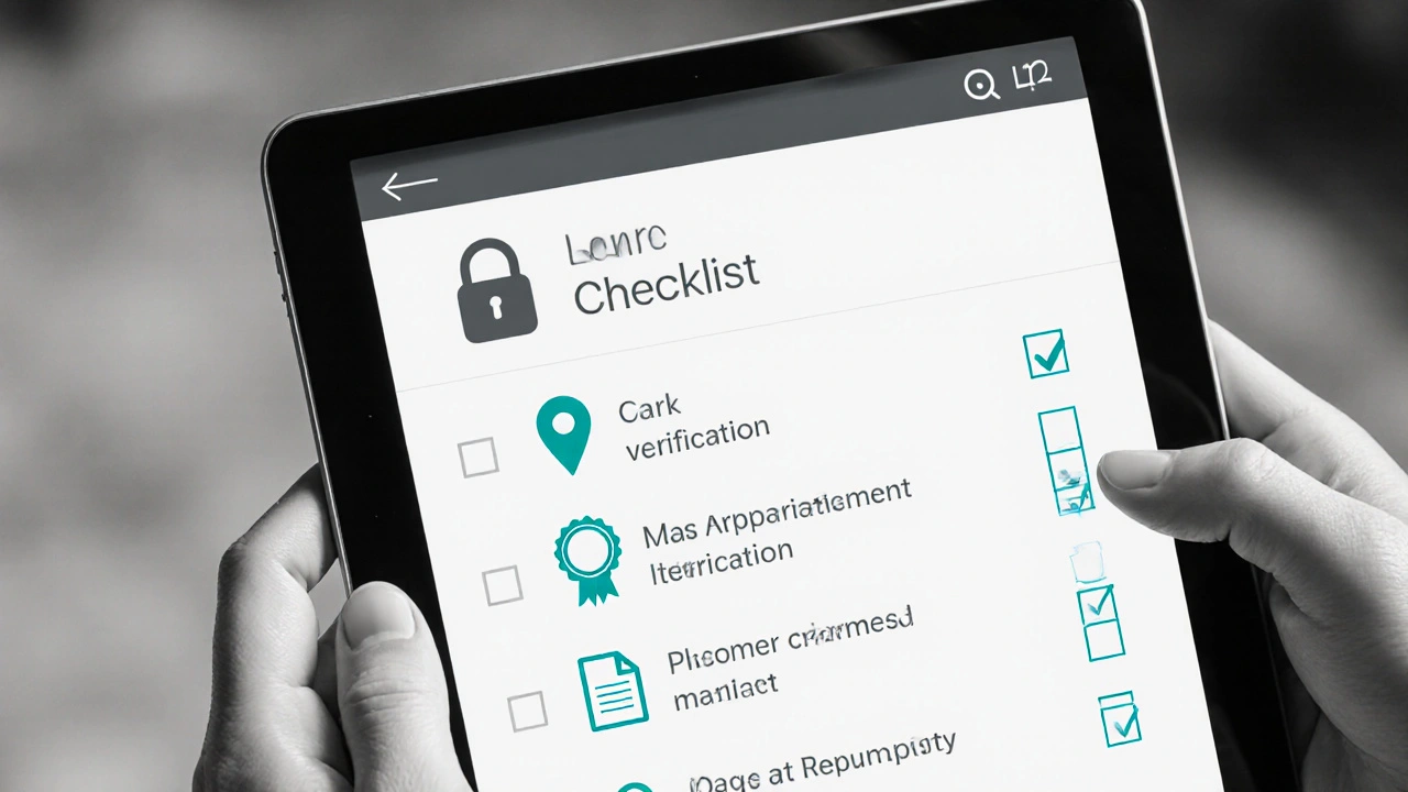 Hand holding a tablet displaying a pharmacy verification checklist with icons.
