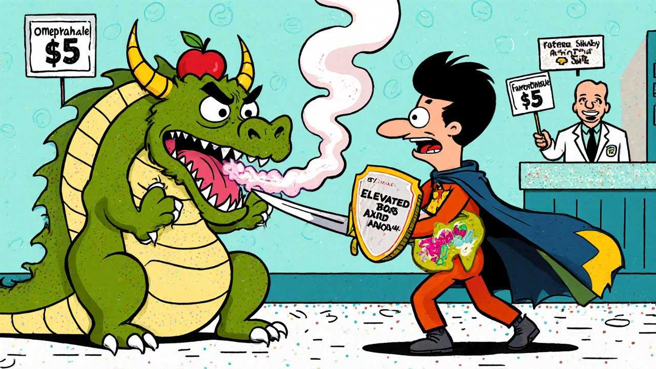 Hero fighting acid dragon with lifestyle tools as weapons in whimsical GERD battle scene