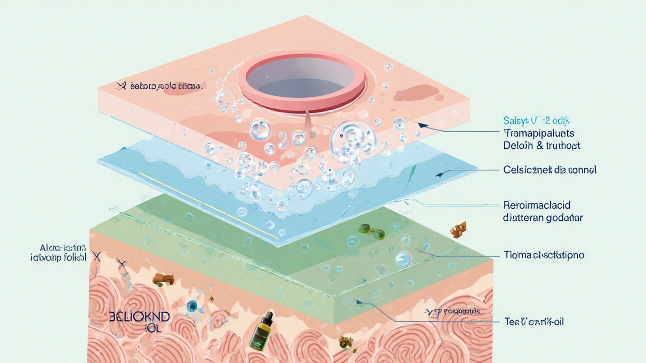 Illustrated skin cross-section showing pores with bubbles, oils, and particles representing different acne ingredients.