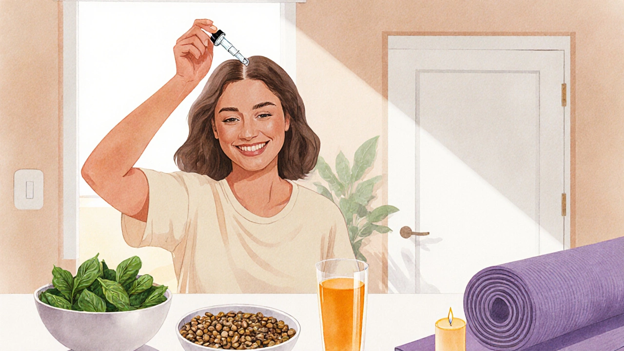 Mother applying minoxidil, surrounded by iron‑rich foods and a calm yoga setting.
