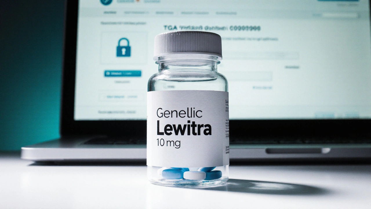 Open bottle of generic Levitra tablets with laptop screen showing secure checkout.