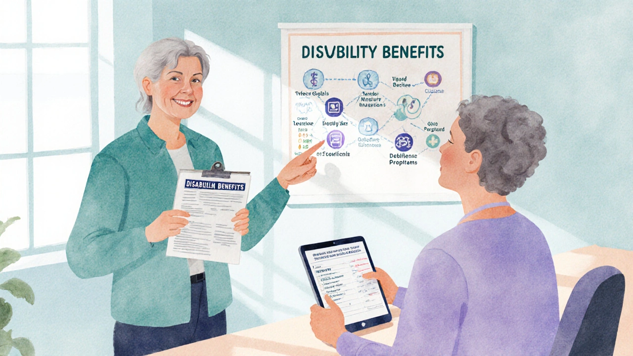 Patient and counselor discussing insurance, disability forms, and assistance programs.