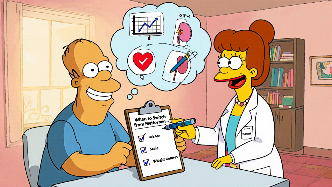 Patient reviewing switch checklist with doctor, icons for HbA1c, weight, heart, kidney, and combo therapy.