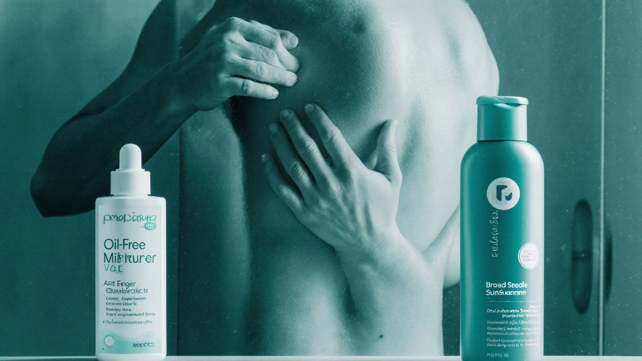 Person applying antifungal cream, moisturizer, sunscreen after shower with probiotic bottle nearby.