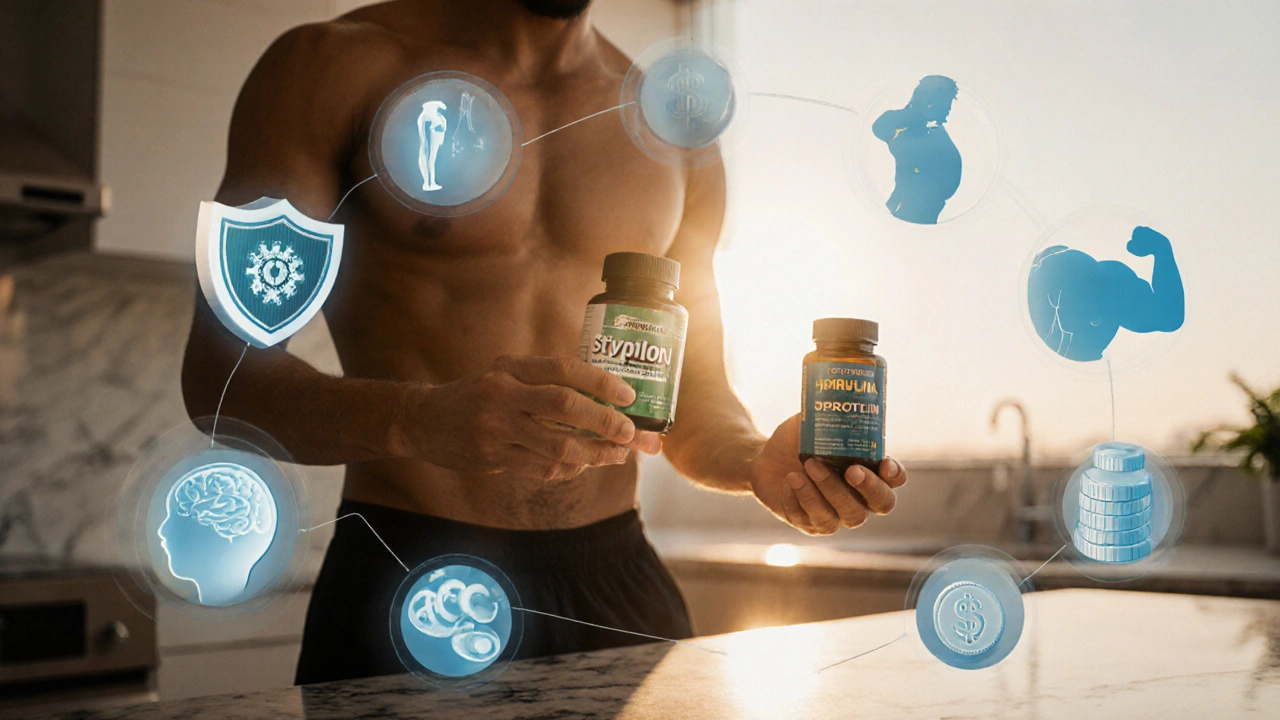 Person in kitchen holding Styplon and Spirulina with floating icons of health benefits.