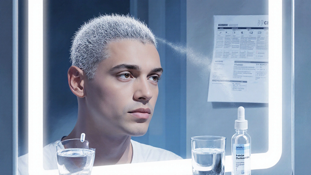 Person looking in mirror showing hair growth, with dutasteride capsule and minoxidil bottle nearby.