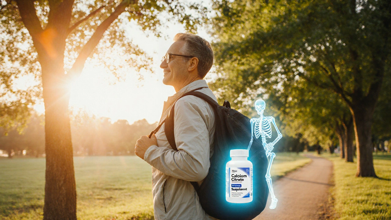 Person walking on a sunny trail with a calcium supplement bottle and glowing bone outline.