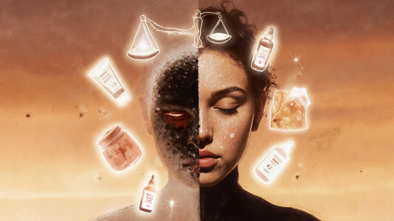 Silhouette of a person split between oily and dry skin, surrounded by floating icons of acne treatments and a balance scale.