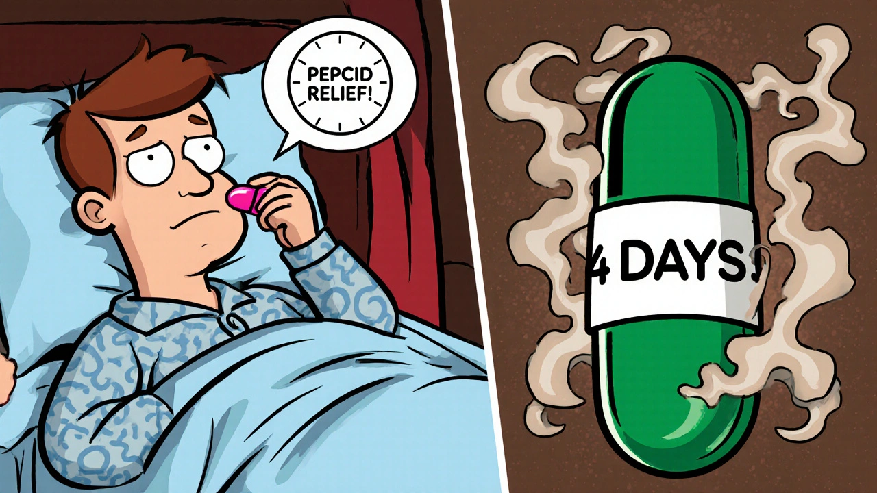 Split scene showing fast relief from Pepcid vs slow action of Prilosec with time clocks