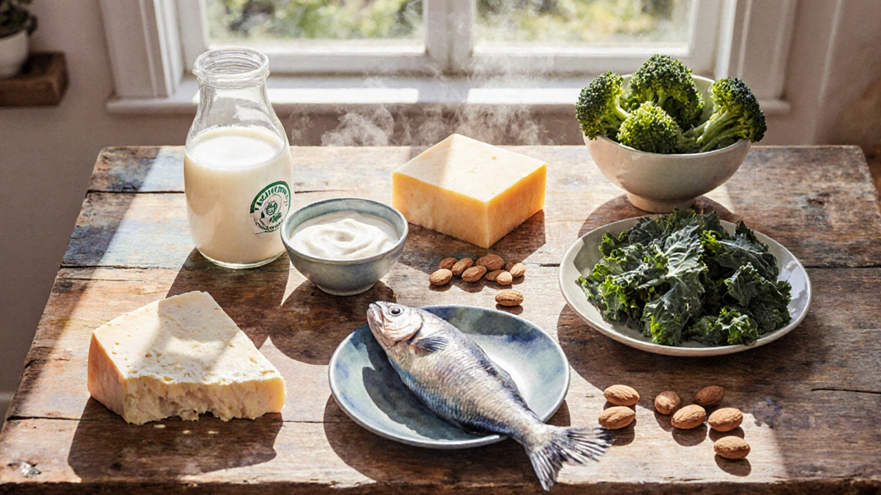 Top‑down view of gluten‑free calcium‑rich foods arranged on a sunlit kitchen table.