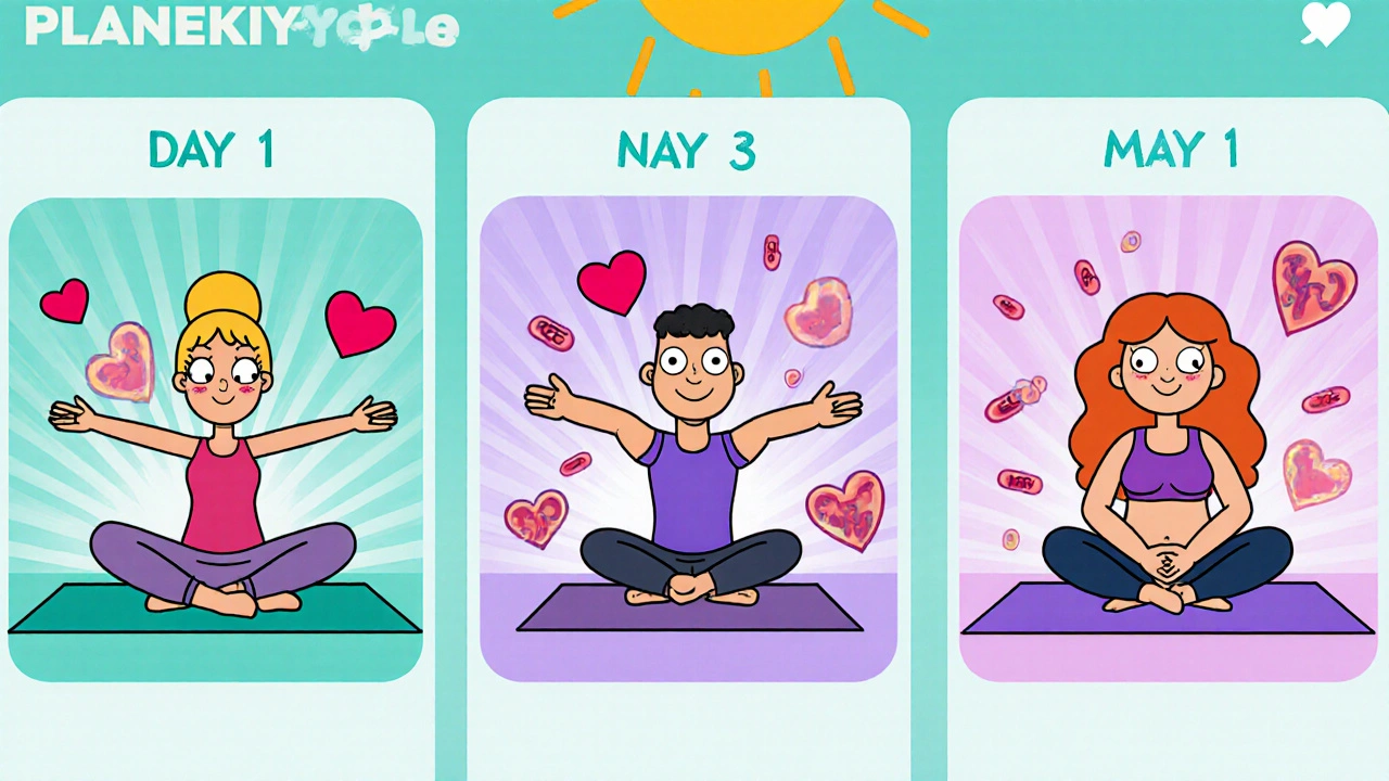 Weekly planner cartoon showing gentle flow, power yoga, and restorative meditation with glowing hearts.