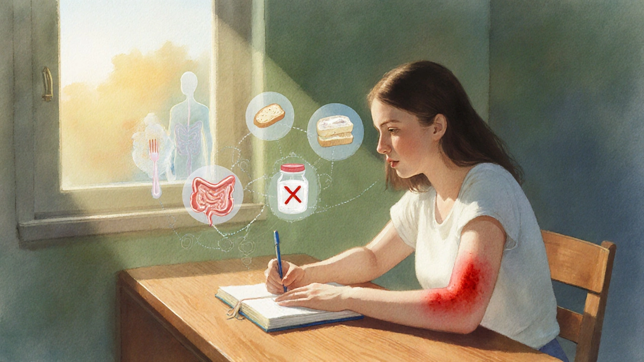 Woman writing a journal surrounded by food and supplement icons linking gut and skin.