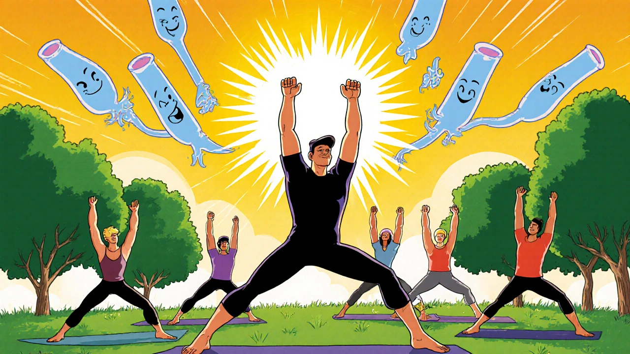 Yoga class performing Sun Salutation, bright light from hands showing nitric oxide, relaxed cartoon arteries.