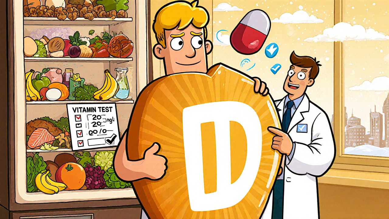 A character holding a vitamin D pill with healthy foods around them and a blood test showing optimal levels.