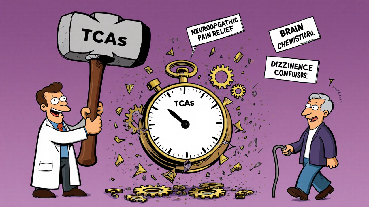 A doctor swinging a sledgehammer labeled &#039;TCAs&#039; at a broken watch, with contrasting images of pain relief and elderly risks.