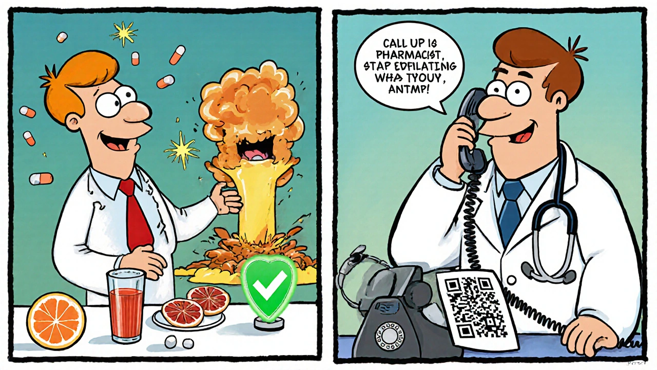 A patient switching from dangerous drug combo to safe advice with a pharmacist on the phone.