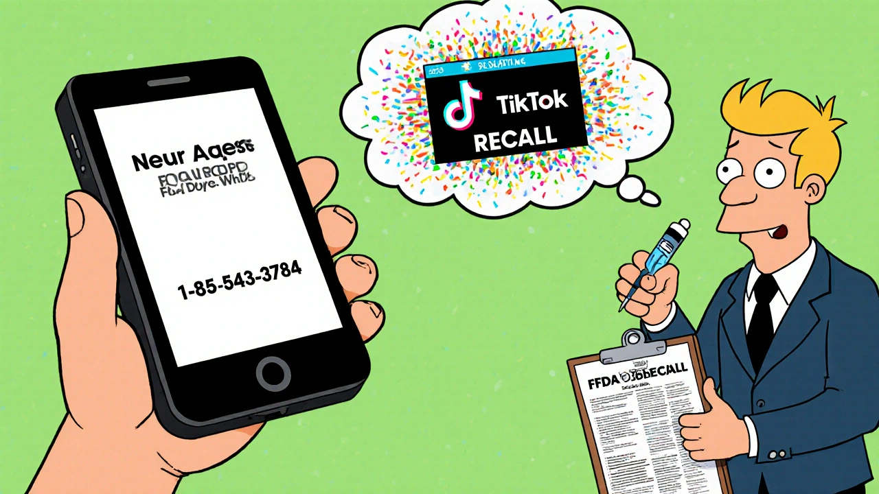 A person calls the FDA hotline as a fake social media recall post disintegrates, replaced by a verified FDA confirmation.