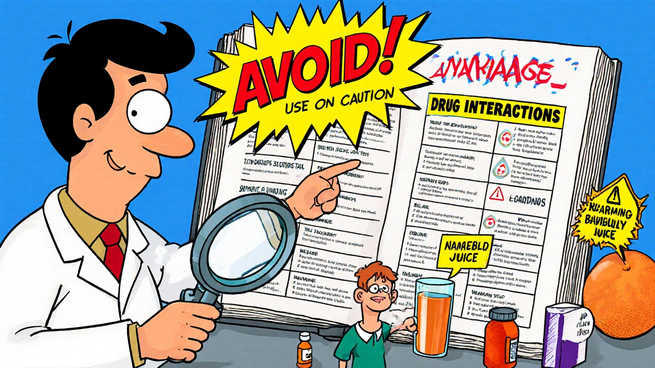 A pharmacist using a magnifying glass to explain medication warnings to a patient.