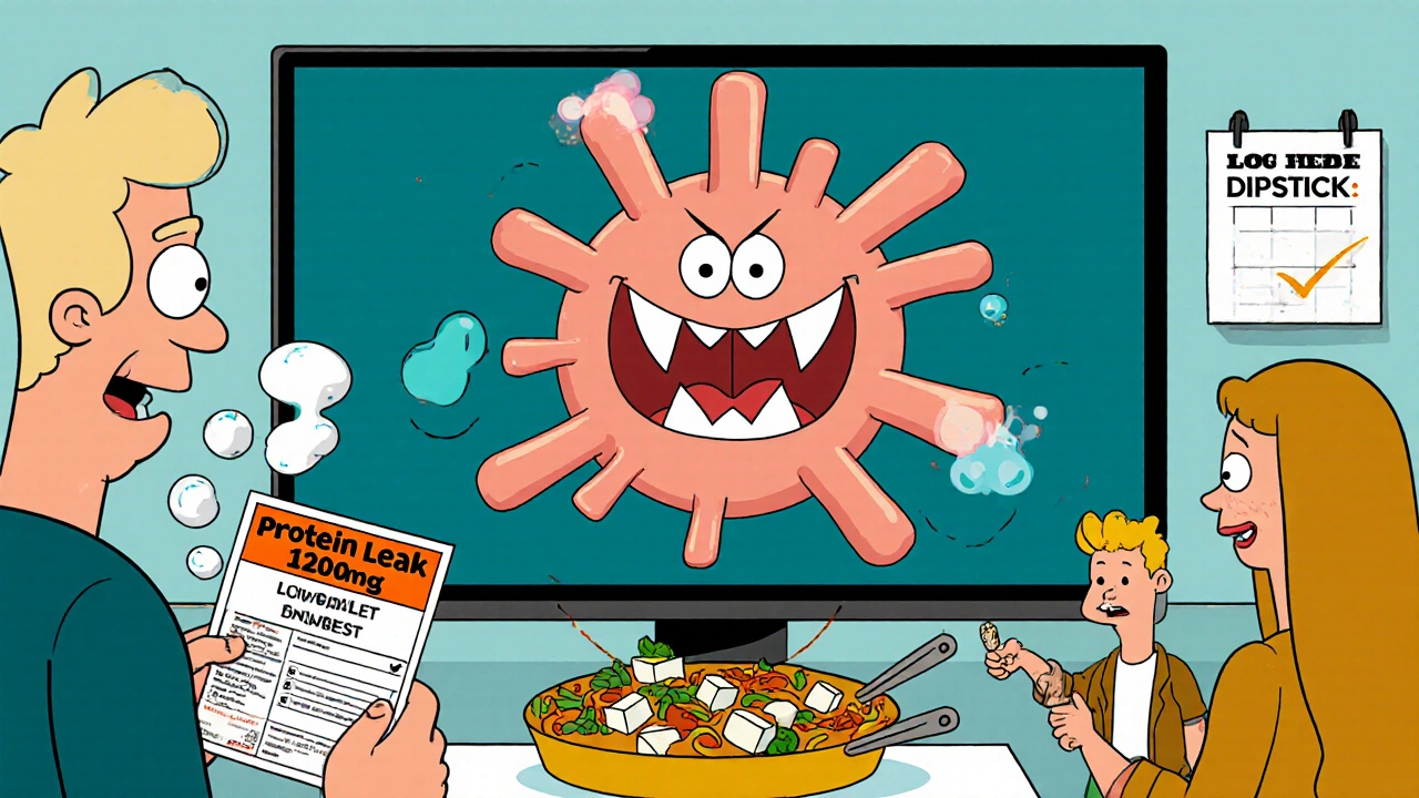 Animated podocyte fighting protein leak monster while family eats low-salt meal