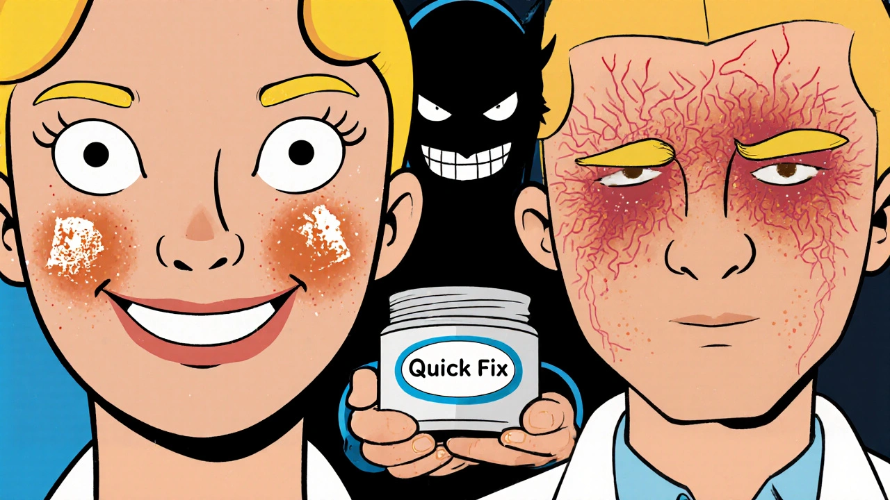 Before-and-after cartoon face showing fading spots turning into red, damaged skin with a devilish dermatologist.